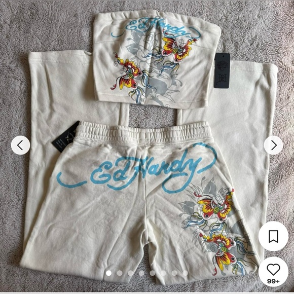 Ed Hardy Cream Tube Top/Sweatpant set with Colorful Butterfly Design - Picture 4 of 6